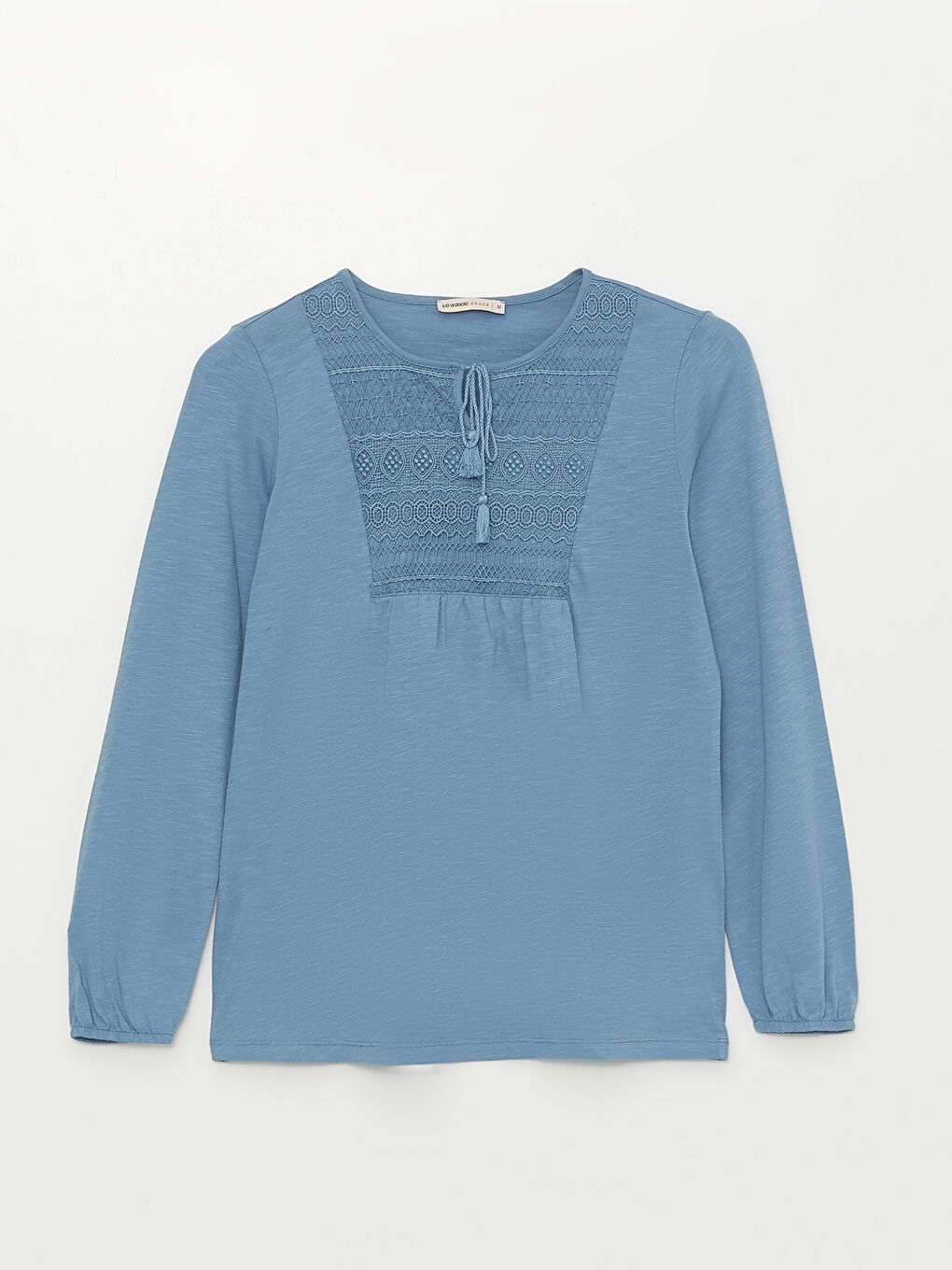 بلوزة كم طويل بياقة مربوطة بتفاصيل دانتيل للسيدات-5