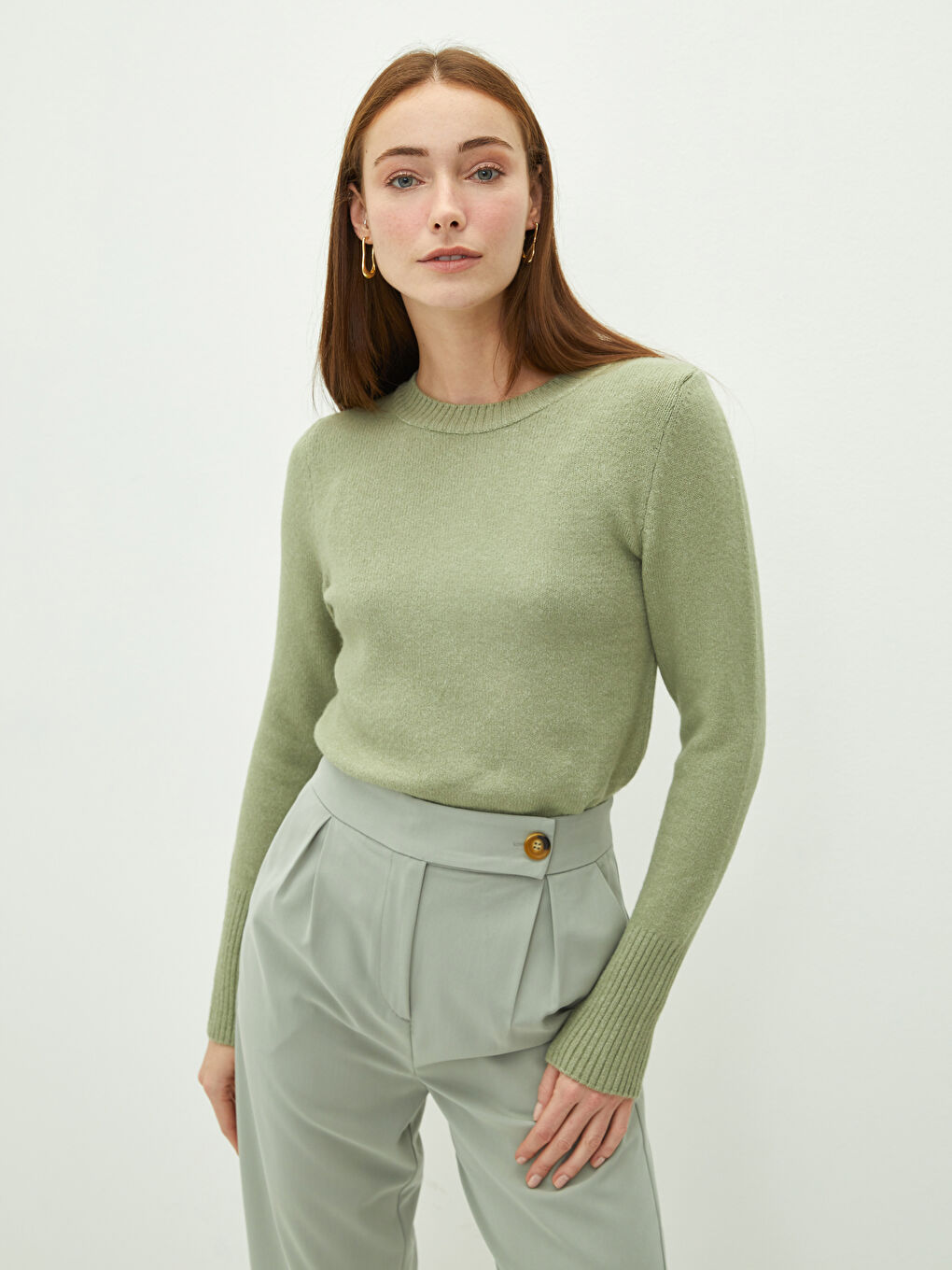 Yeşil Bisiklet Yaka Düz Uzun Kollu Kadın Triko Kazak