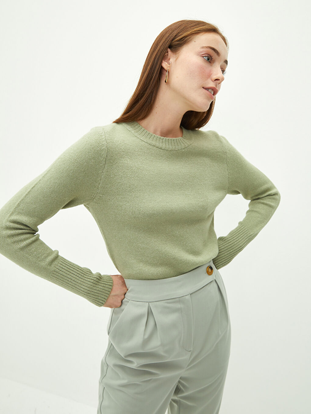 Yeşil Bisiklet Yaka Düz Uzun Kollu Kadın Triko Kazak-1