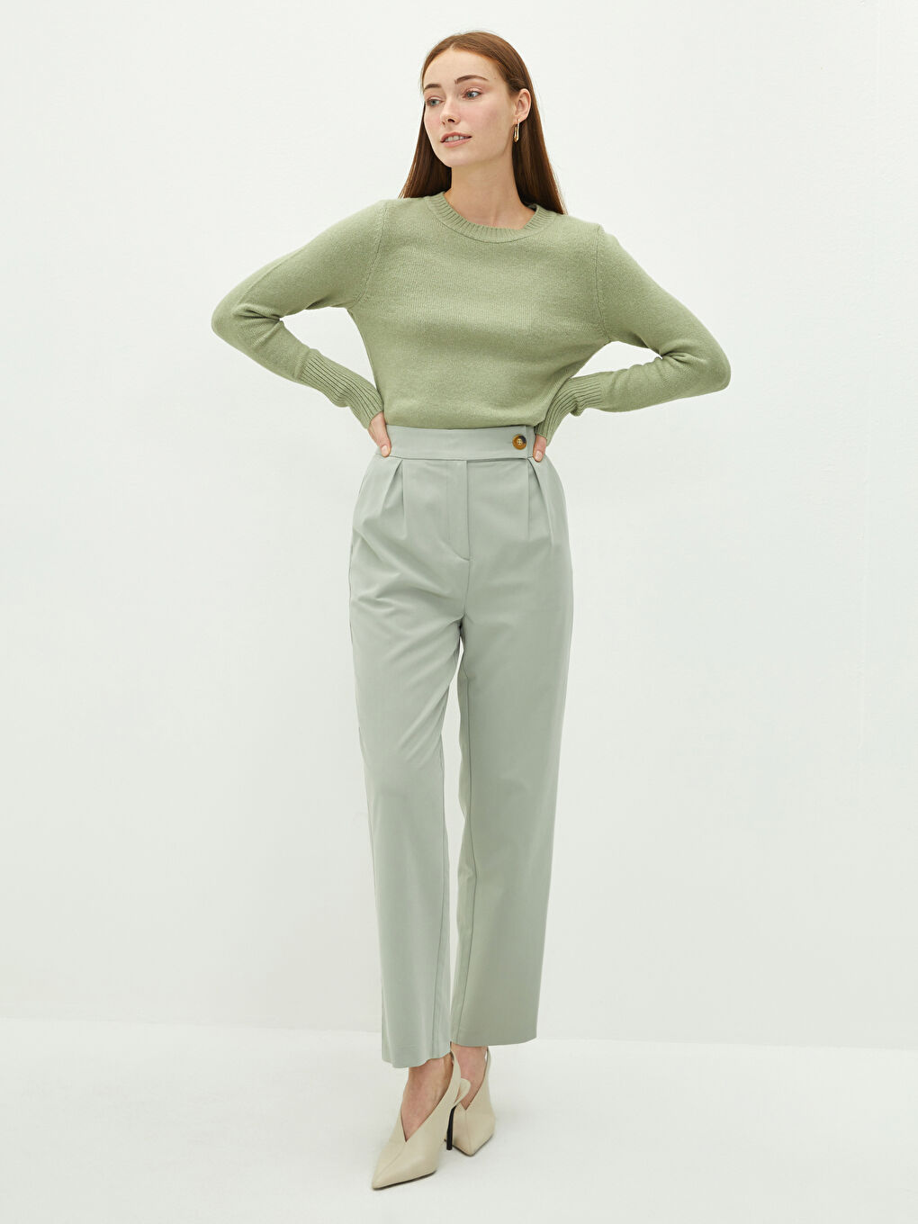 Yeşil Bisiklet Yaka Düz Uzun Kollu Kadın Triko Kazak-2