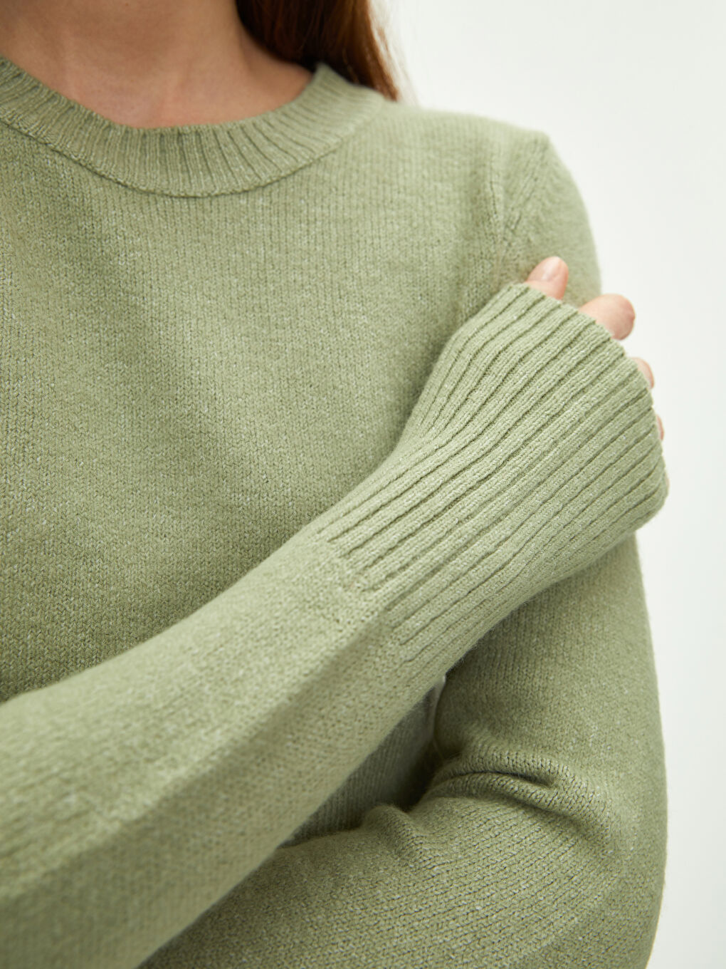 Yeşil Bisiklet Yaka Düz Uzun Kollu Kadın Triko Kazak-3