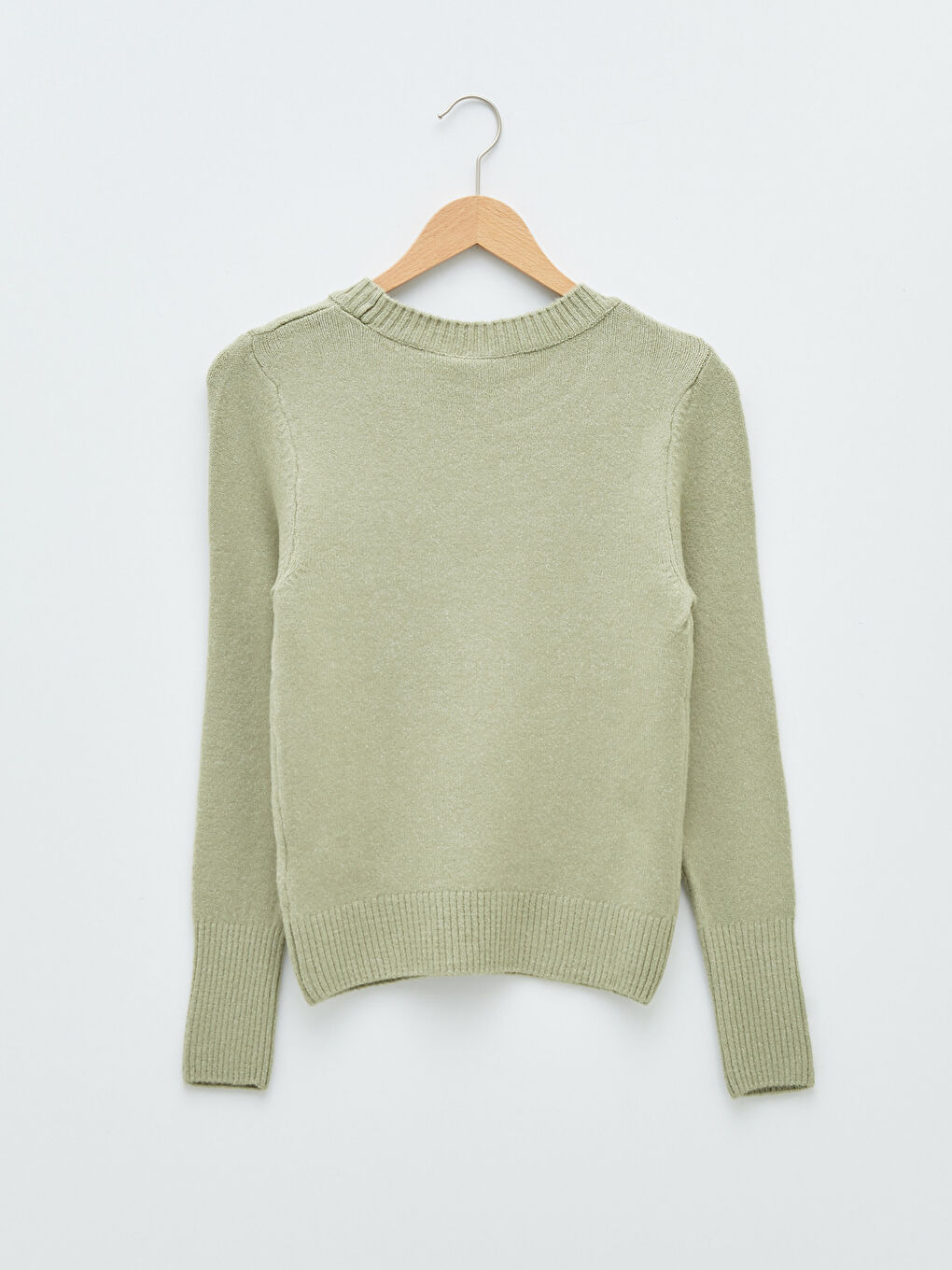 Yeşil Bisiklet Yaka Düz Uzun Kollu Kadın Triko Kazak-6