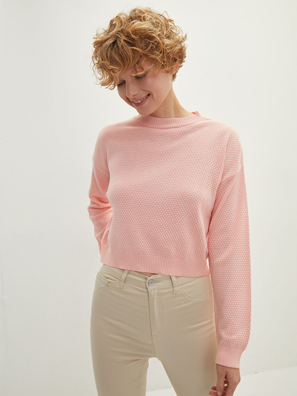 LCW Vision Crew Neck Self Patterned Long Sleeve Women's Knitwear Sweater -W1H107Z8-GHV
