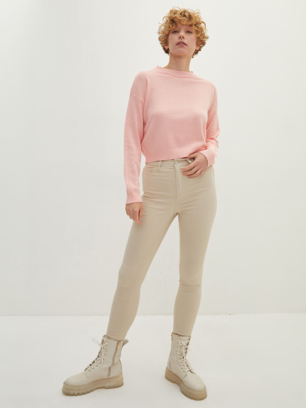 LCW Vision Crew Neck Self Patterned Long Sleeve Women's Knitwear Sweater -W1H107Z8-GHV