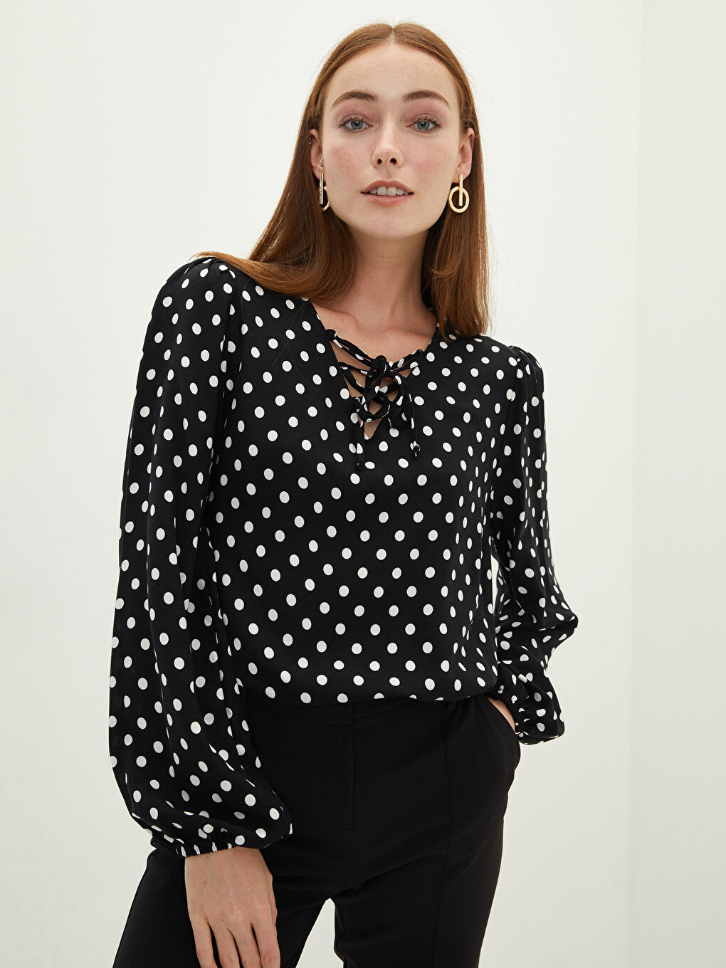 Tie Collar Polka Dot Long Sleeve Viscose Women's Blouse