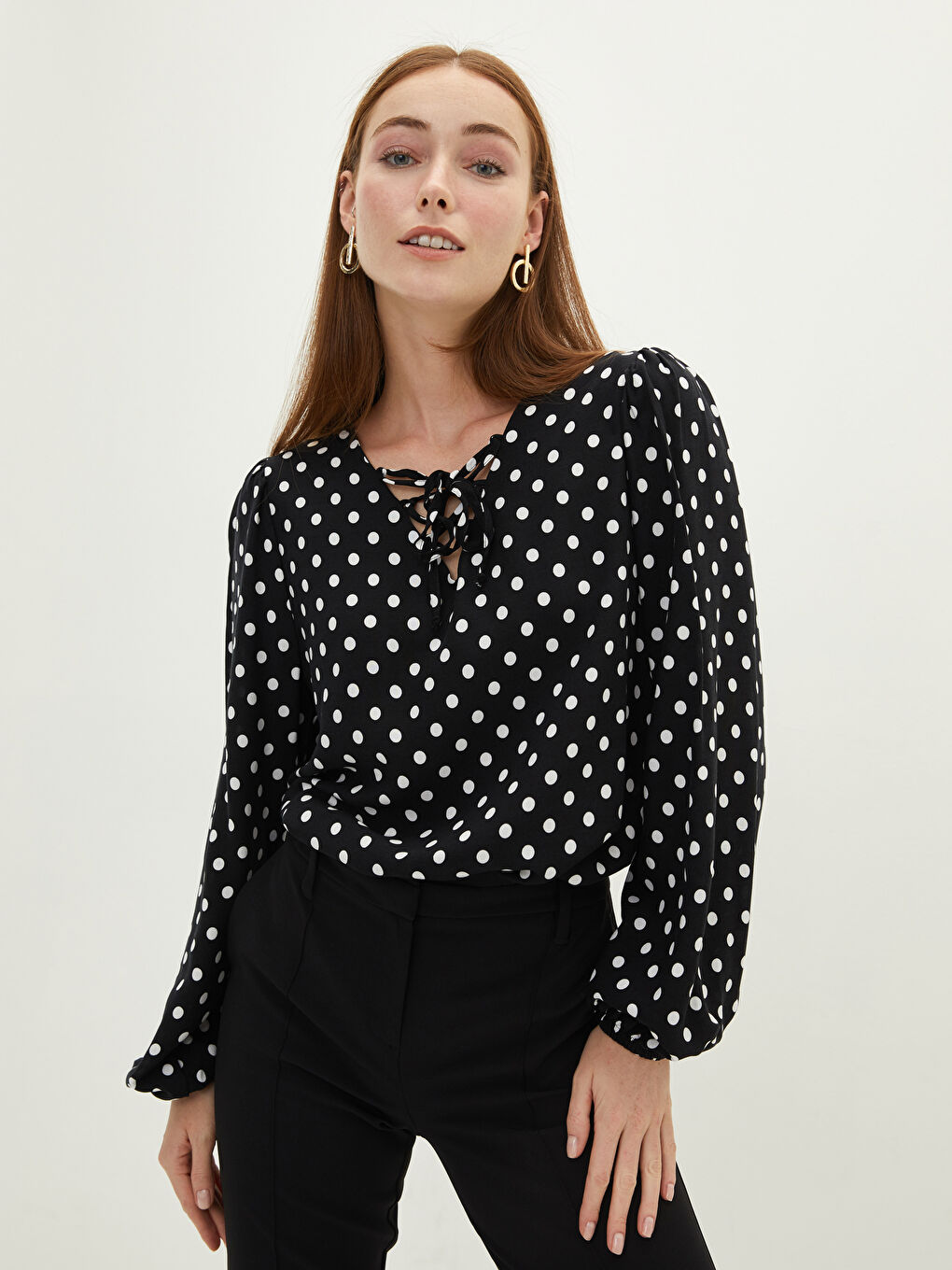 Tie Collar Polka Dot Long Sleeve Viscose Women's Blouse-1