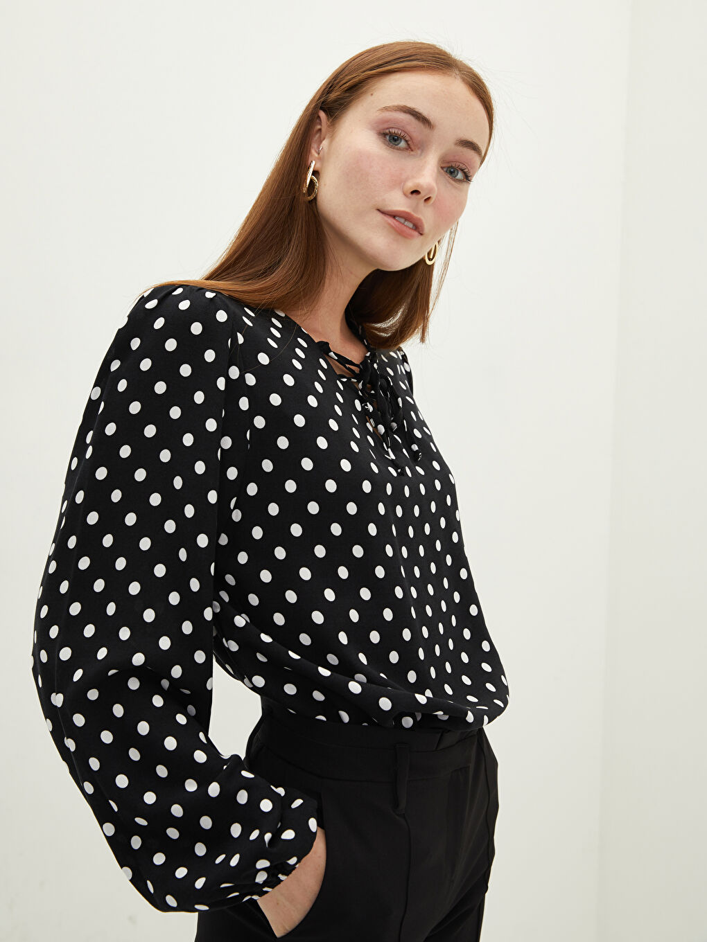Tie Collar Polka Dot Long Sleeve Viscose Women's Blouse-2