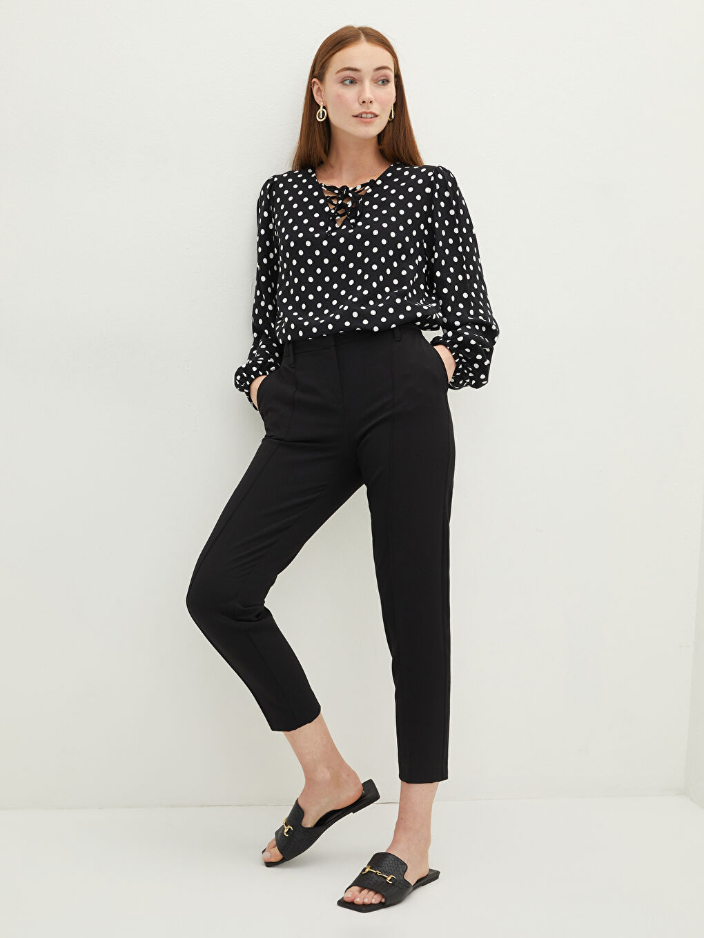 Tie Collar Polka Dot Long Sleeve Viscose Women's Blouse-3