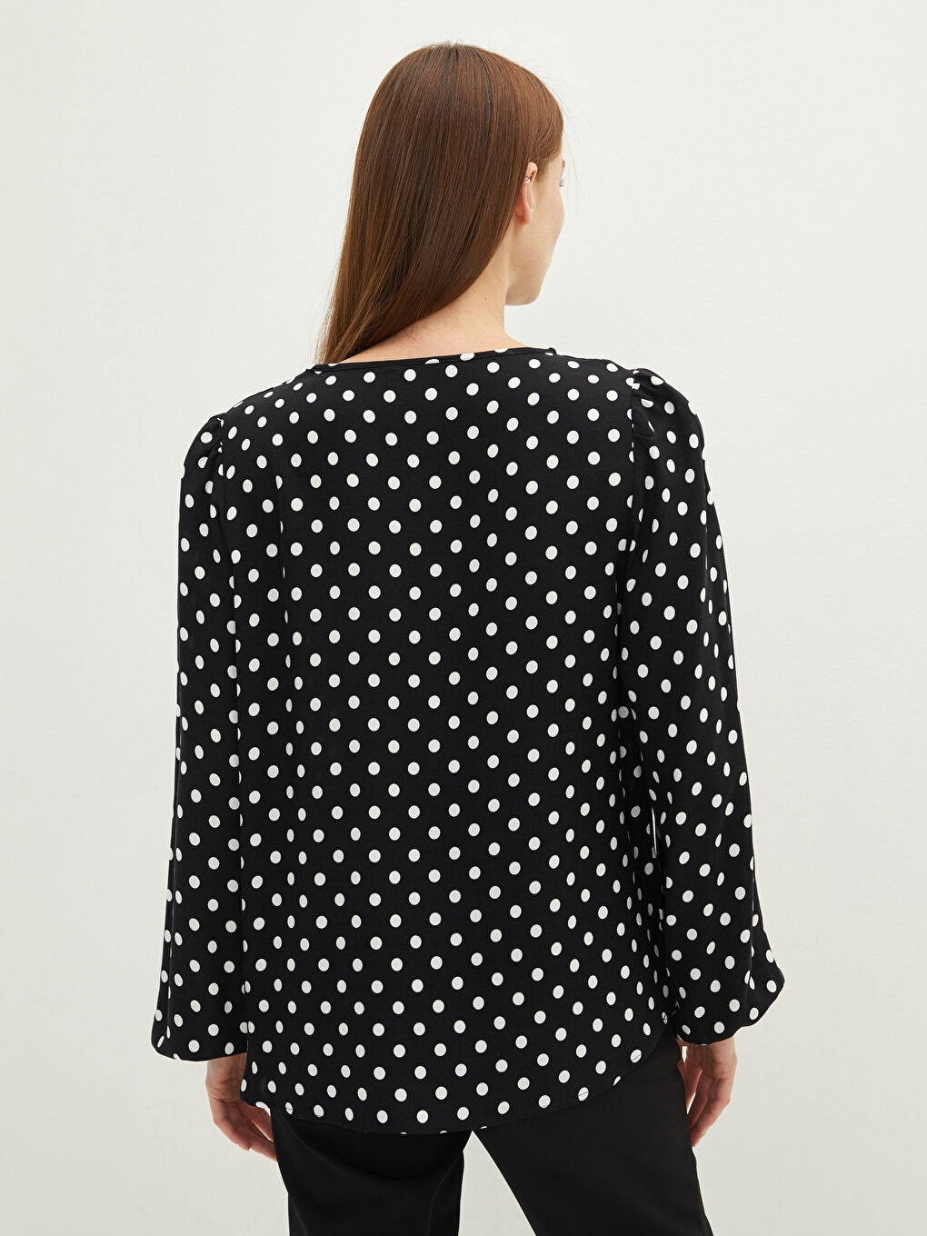 Tie Collar Polka Dot Long Sleeve Viscose Women's Blouse-4