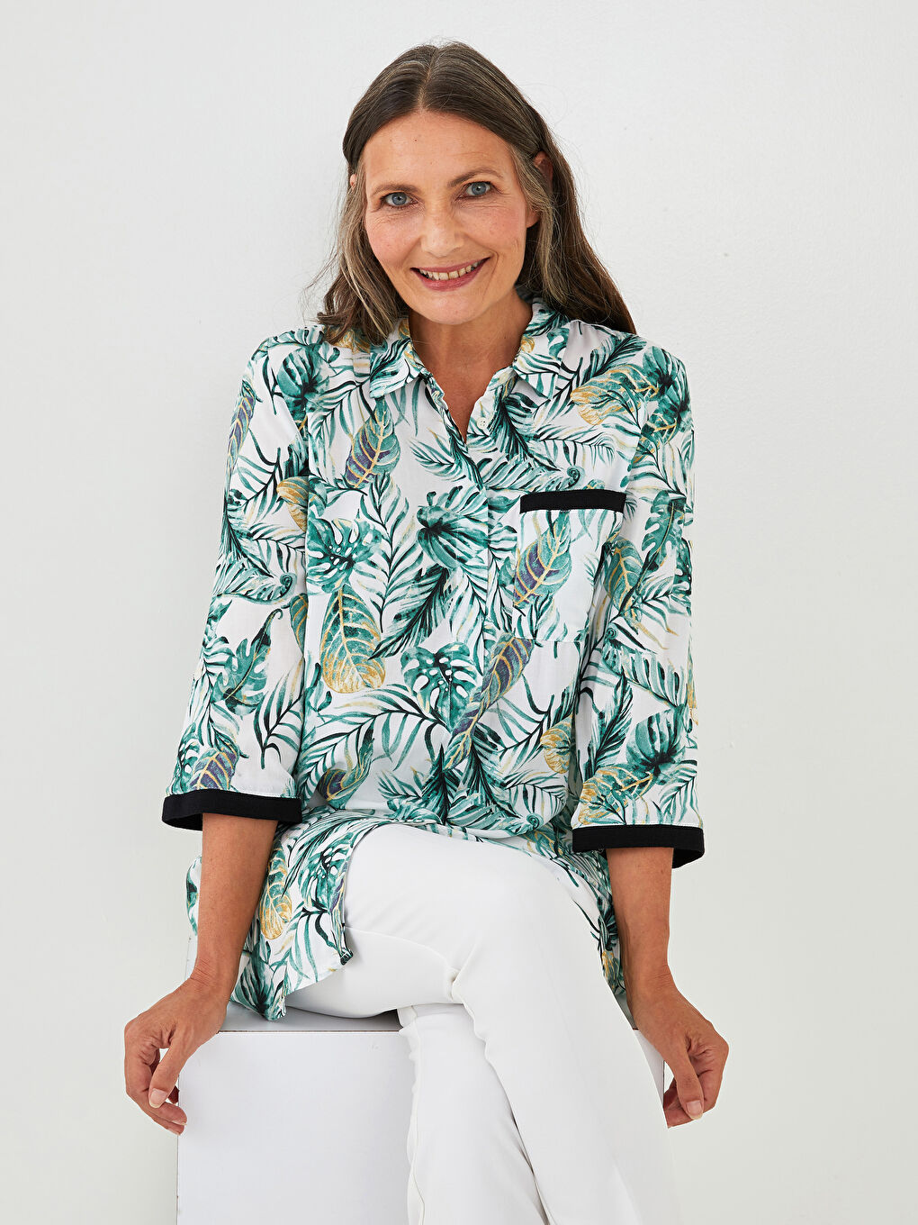 Buttoned Flower Long Sleeve Viscose Women's Shirt