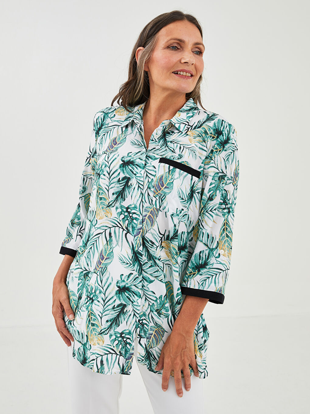 Buttoned Flower Long Sleeve Viscose Women's Shirt-1