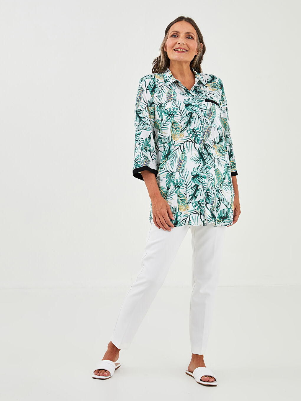 Buttoned Flower Long Sleeve Viscose Women's Shirt-3