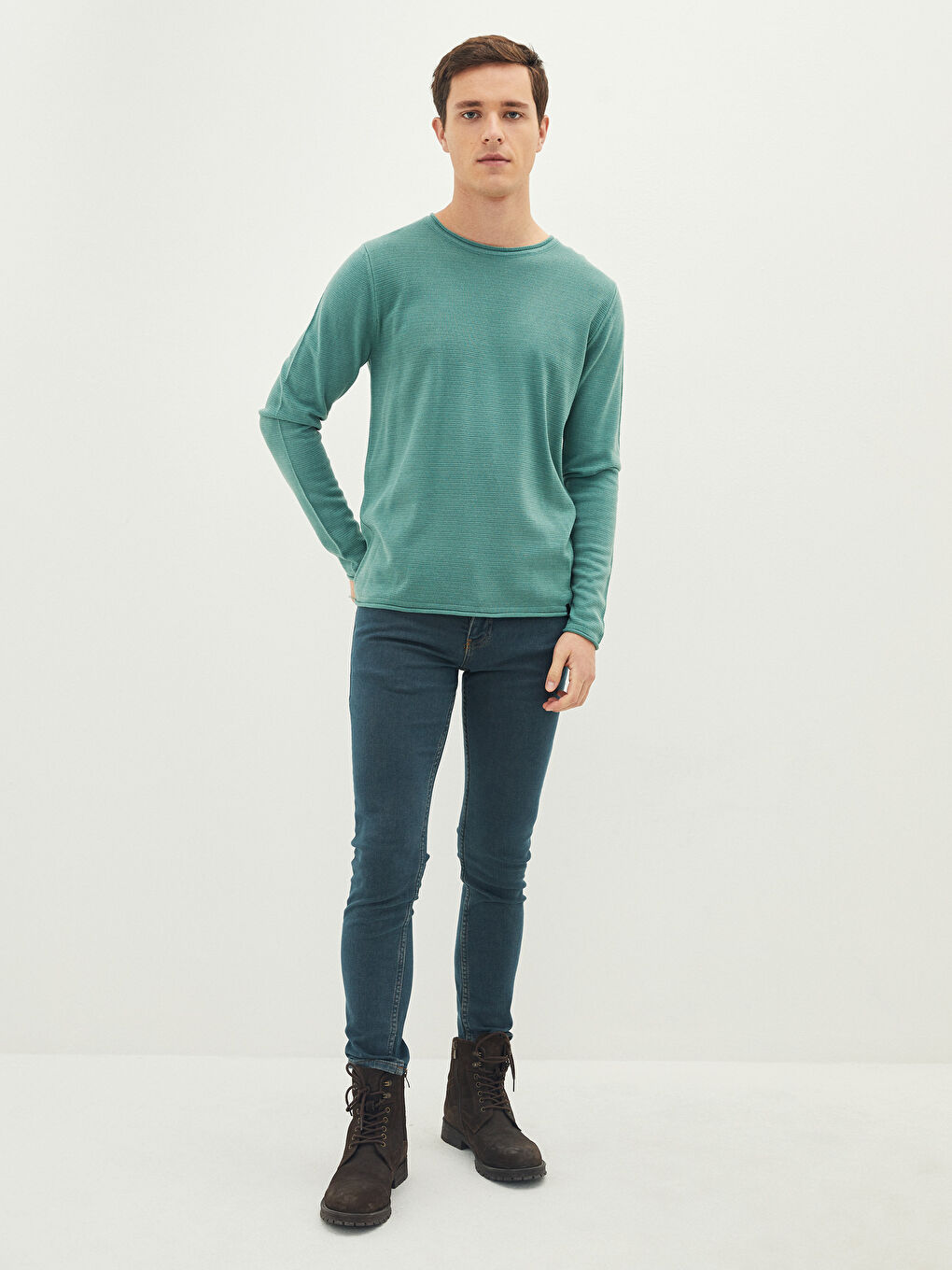 Yeşil Bisiklet Yaka Erkek Triko Kazak-3