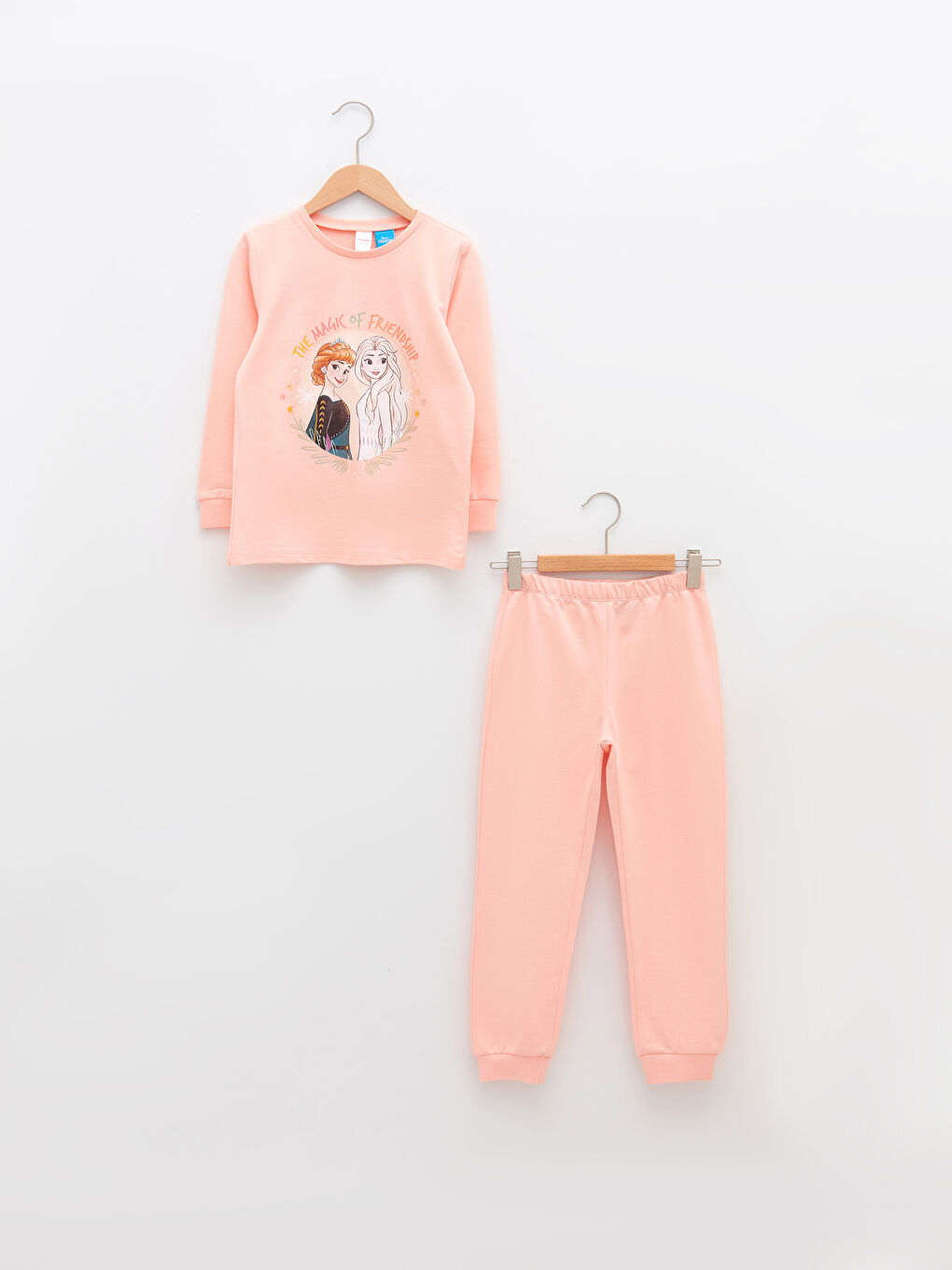 LCW Kids Pembe Bisiklet Yaka Frozen Baskılı Uzun Kollu Kız Çocuk Pijama Takımı