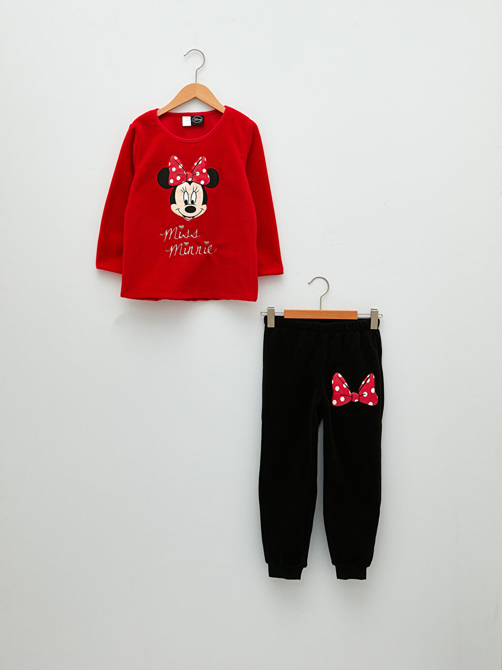 Kırmızı Bisiklet Yaka Minnie Mouse Nakışlı Uzun Kollu Polar Kız Çocuk Pijama Takımı