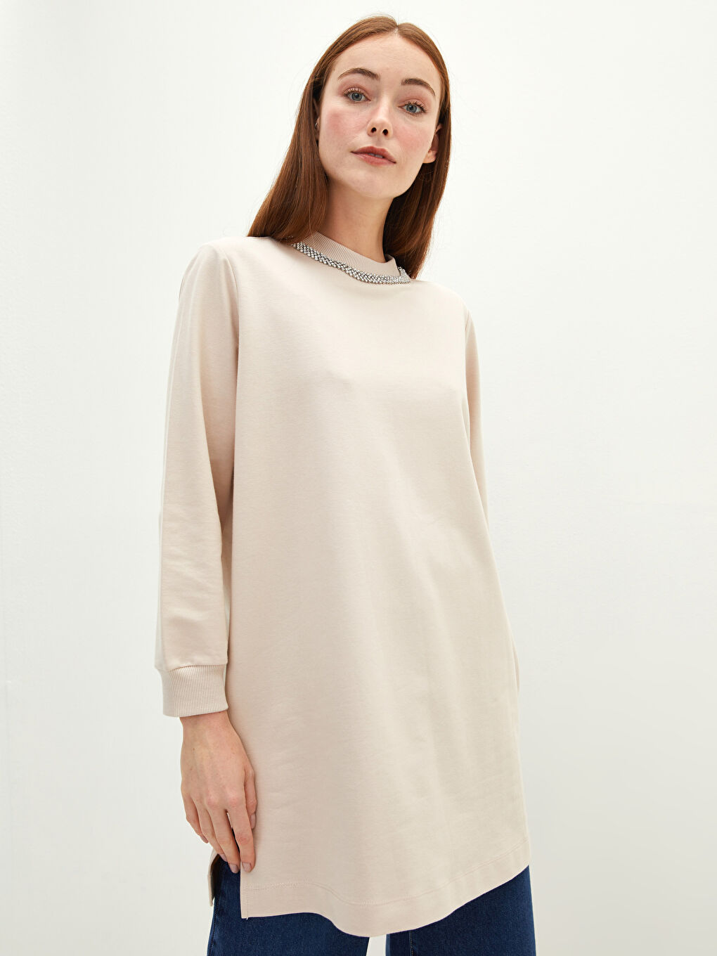 Bej Bisiklet Yaka Taşlı Uzun Kollu Kadın Sweatshirt Tunik