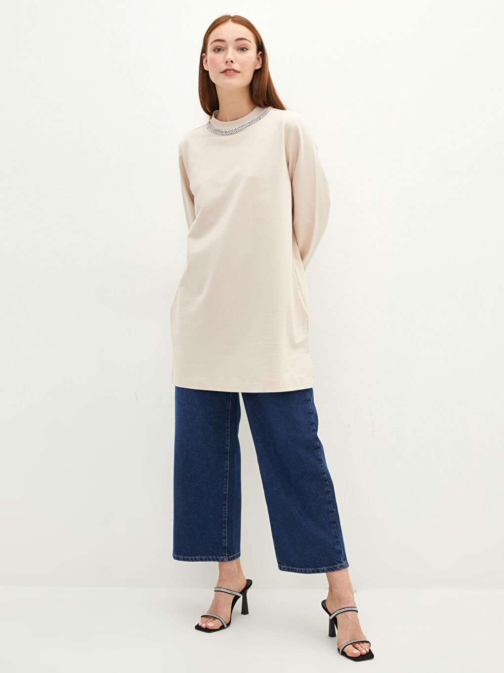 Bej Bisiklet Yaka Taşlı Uzun Kollu Kadın Sweatshirt Tunik-2