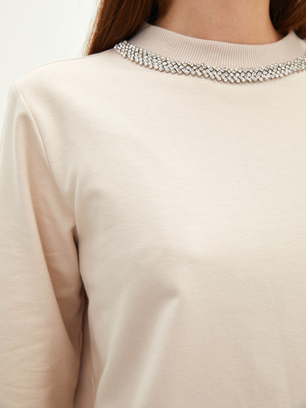 Bej Bisiklet Yaka Taşlı Uzun Kollu Kadın Sweatshirt Tunik-3