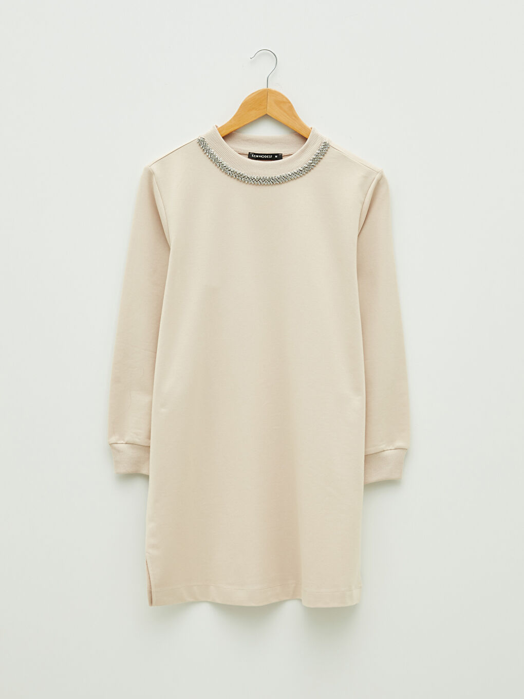 Bej Bisiklet Yaka Taşlı Uzun Kollu Kadın Sweatshirt Tunik-5