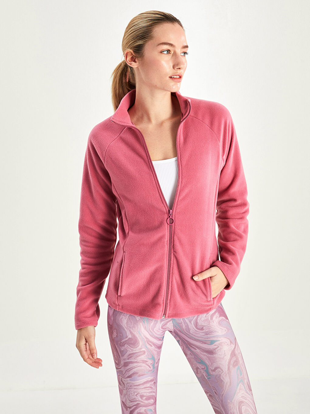 Stand Up Collar Straight Long Sleeve Pocket Detailed Fleece Women's Sport Cardigan