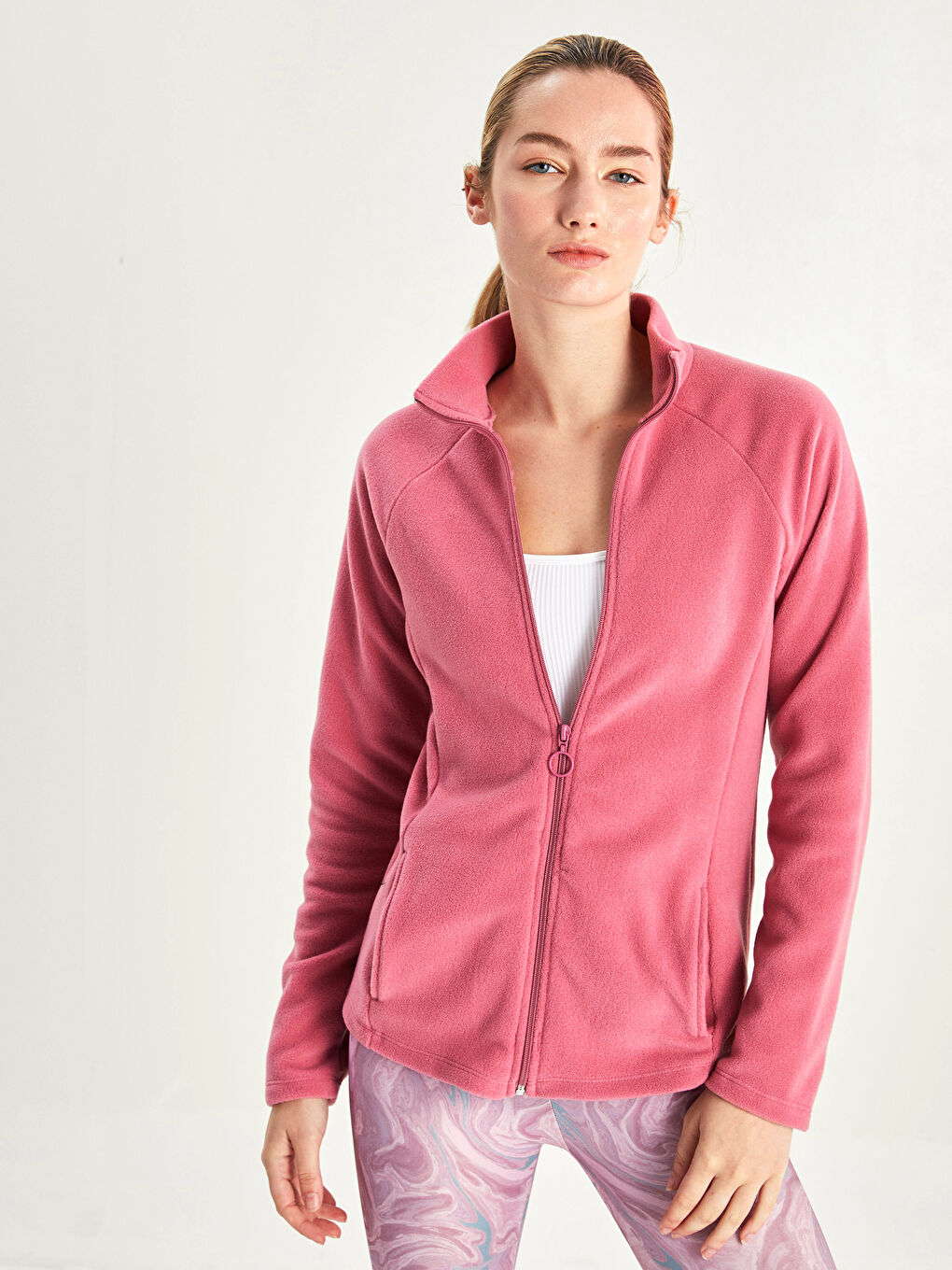 Stand Up Collar Straight Long Sleeve Pocket Detailed Fleece Women's Sport Cardigan-1