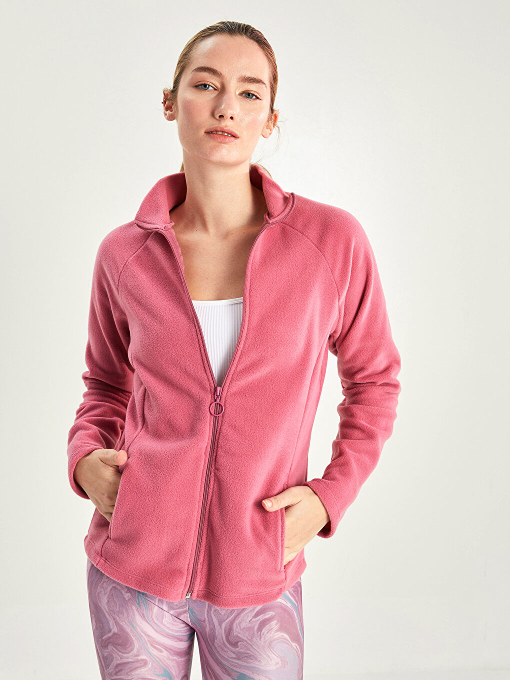 Stand Up Collar Straight Long Sleeve Pocket Detailed Fleece Women's Sport Cardigan-2