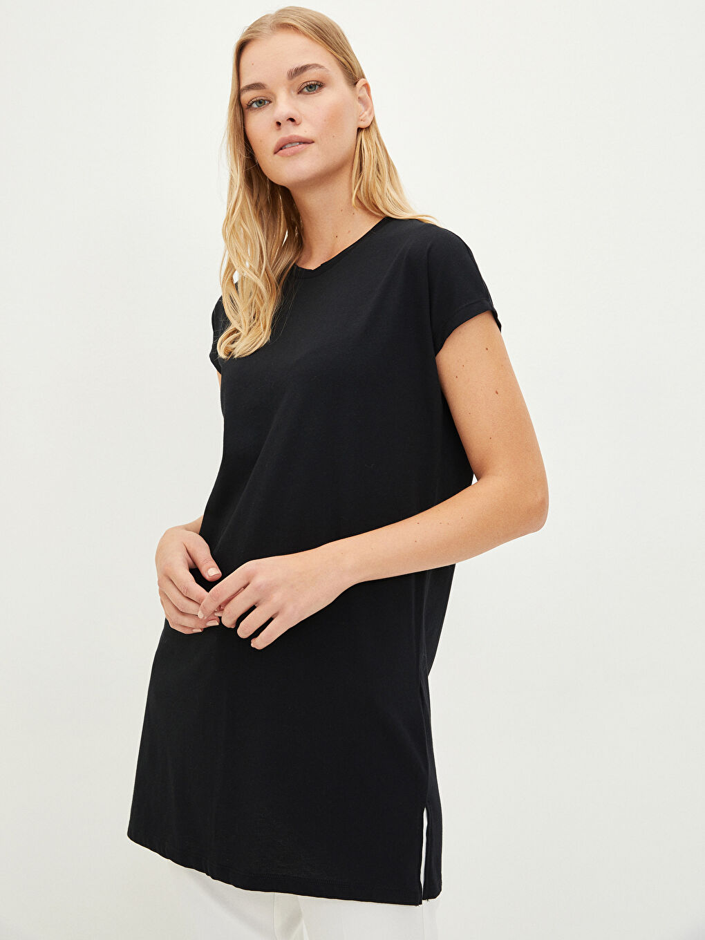 Crew Neck Straight Short Sleeve Cotton Women's Tunic