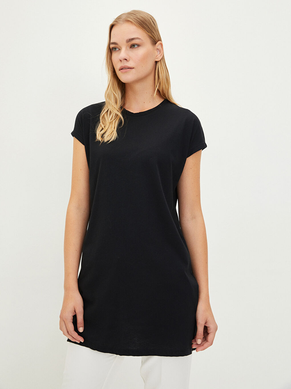 Crew Neck Straight Short Sleeve Cotton Women's Tunic-1