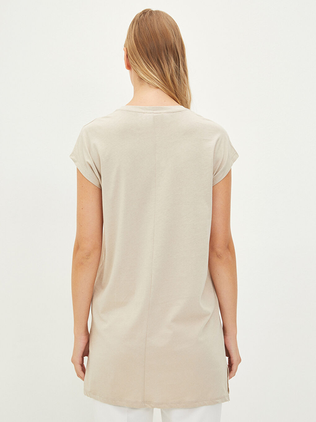Bej Bisiklet Yaka Düz Kısa Kollu Pamuklu Kadın Tunik-4