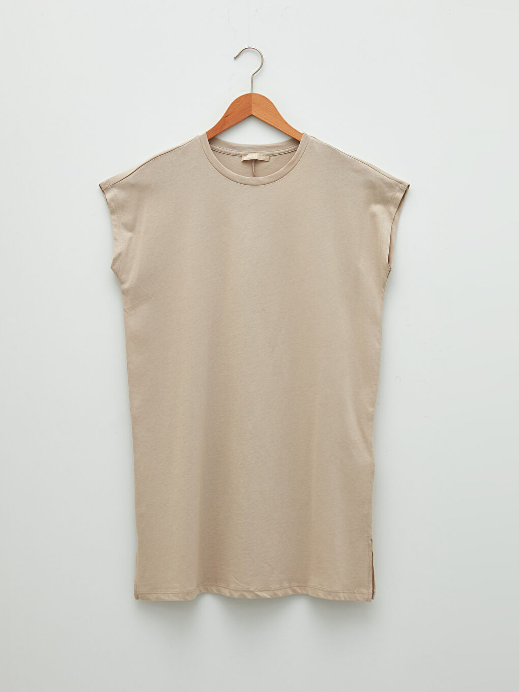 Bej Bisiklet Yaka Düz Kısa Kollu Pamuklu Kadın Tunik-5