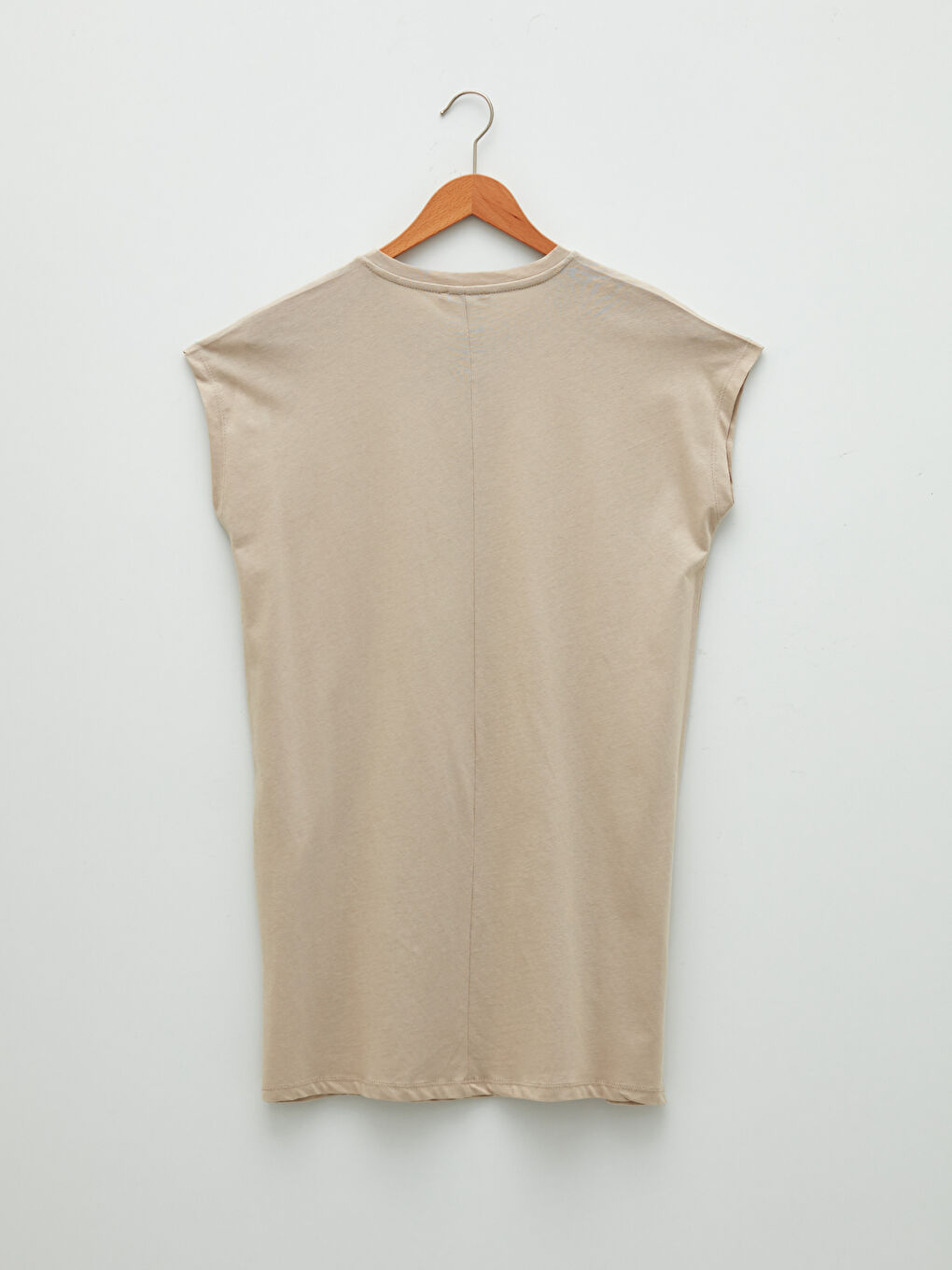 Bej Bisiklet Yaka Düz Kısa Kollu Pamuklu Kadın Tunik-6