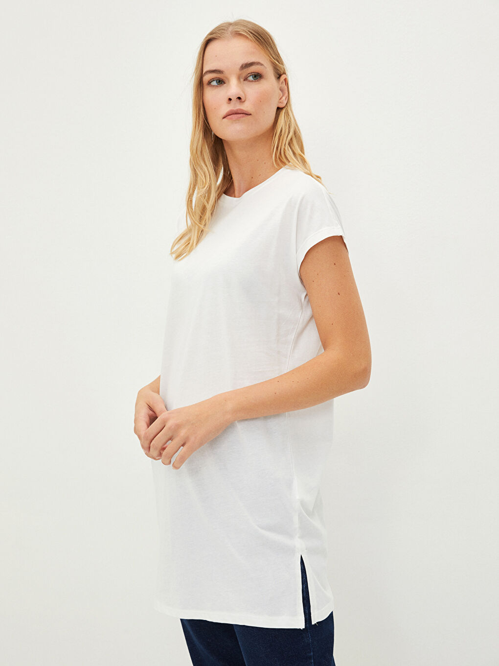 Tunique en Coton à Col Rond Droite à Manches Courtes pour Femmes