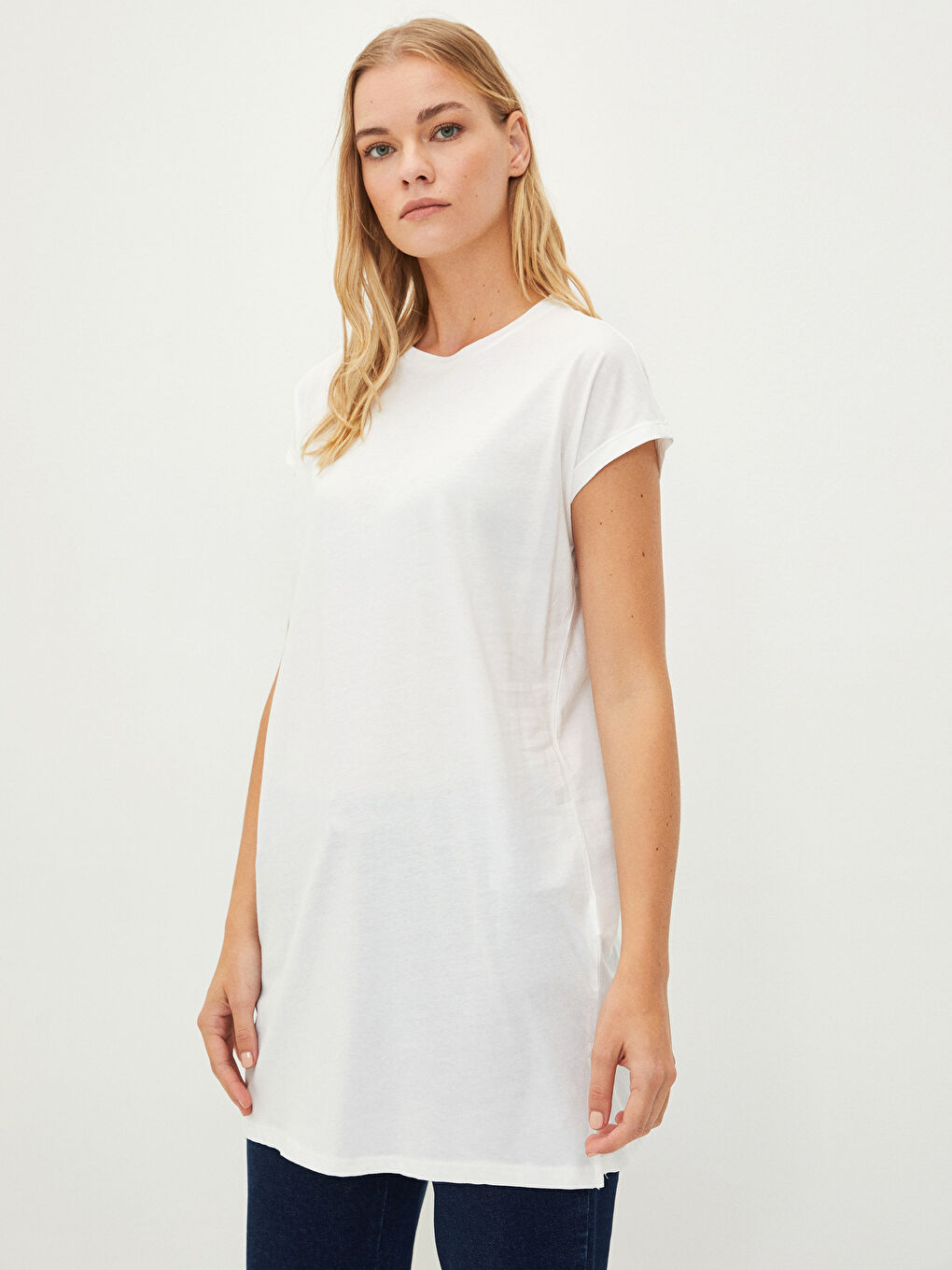 Tunique en Coton à Col Rond Droite à Manches Courtes pour Femmes-1