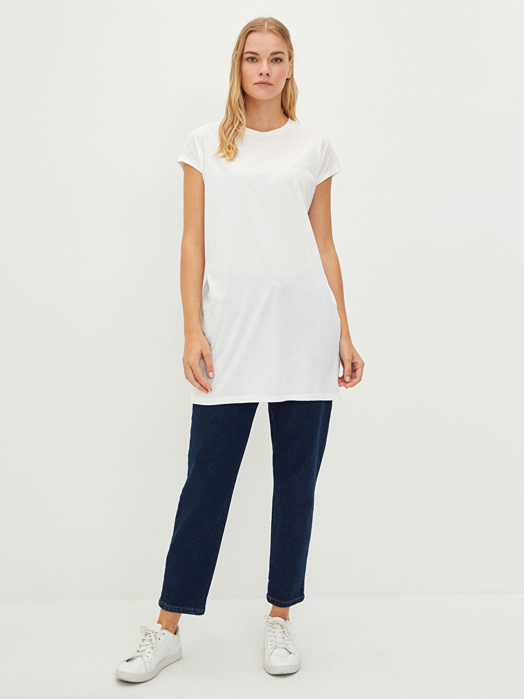 Tunique en Coton à Col Rond Droite à Manches Courtes pour Femmes-3