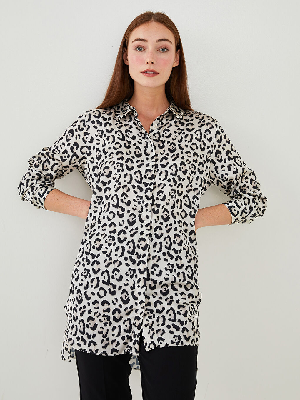 Bej Desenli Saten Kadın Gömlek Tunik-1