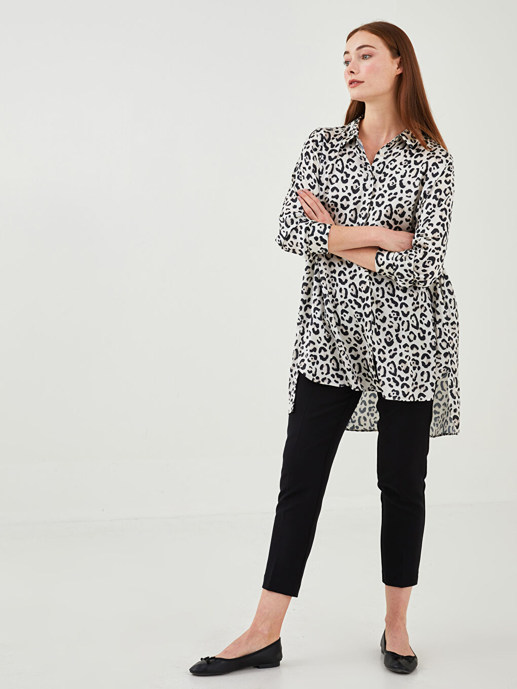 Bej Desenli Saten Kadın Gömlek Tunik-3