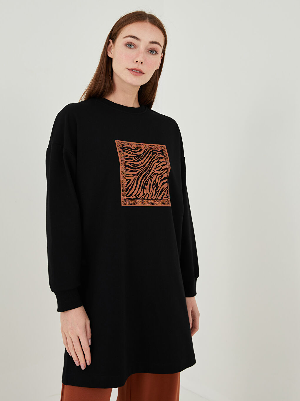 Rundhalsausschnitt Bedruckt Langarm Damen Sweatshirt-Tunika