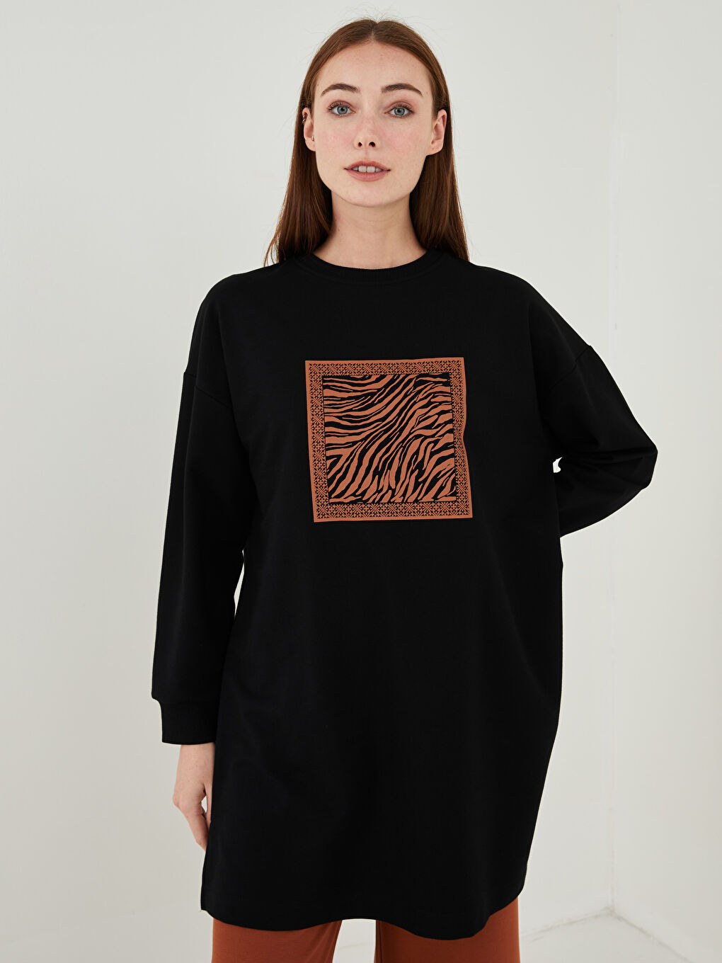 Rundhalsausschnitt Bedruckt Langarm Damen Sweatshirt-Tunika-1