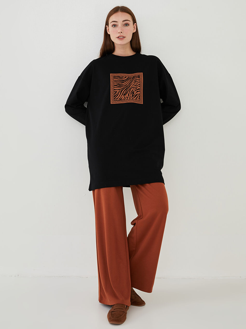 Rundhalsausschnitt Bedruckt Langarm Damen Sweatshirt-Tunika-2