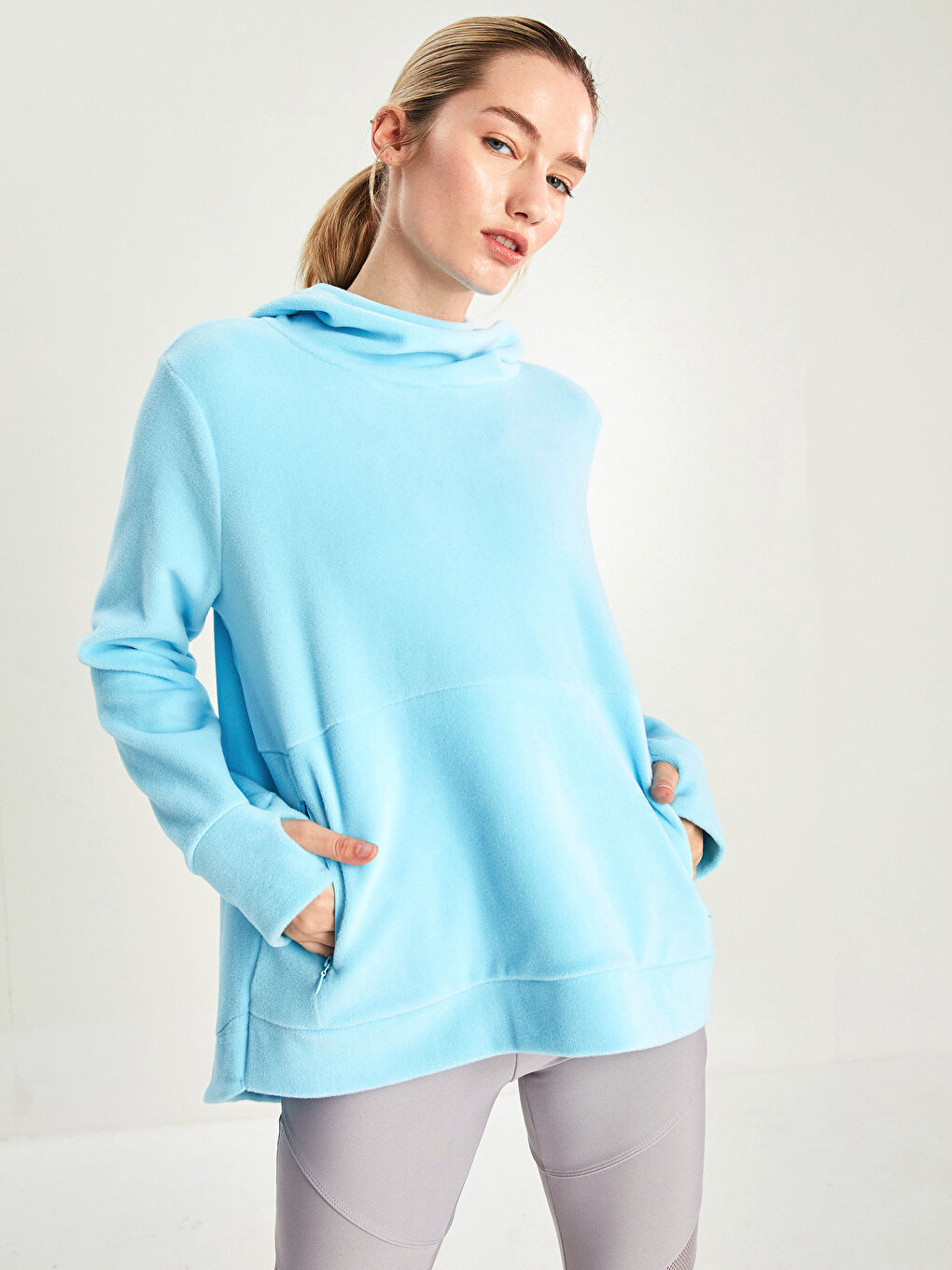 XSIDE ACTIVE Mavi Kapüşonlu Düz Uzun Kollu Polar Kadın Sweatshirt - 1