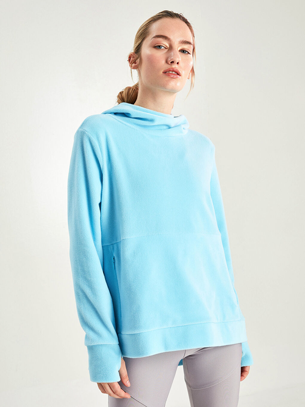 XSIDE ACTIVE Mavi Kapüşonlu Düz Uzun Kollu Polar Kadın Sweatshirt - 2