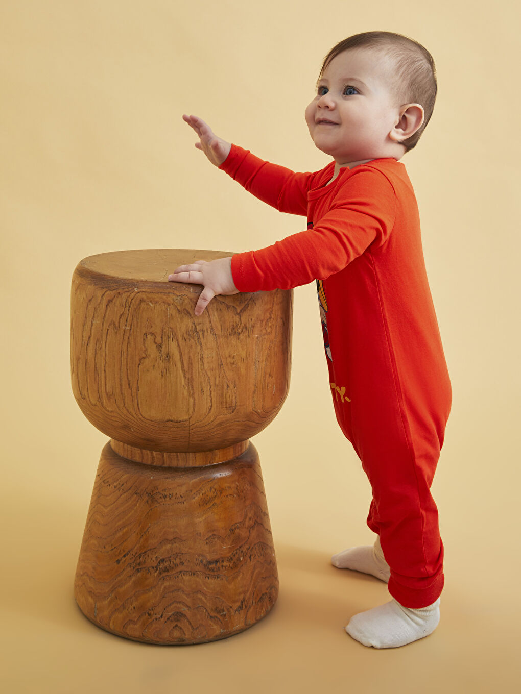 Turuncu Bisiklet Yaka Uzun Kollu Nostaljik Maymun Baskılı Pamuklu Erkek Bebek Tulum-4