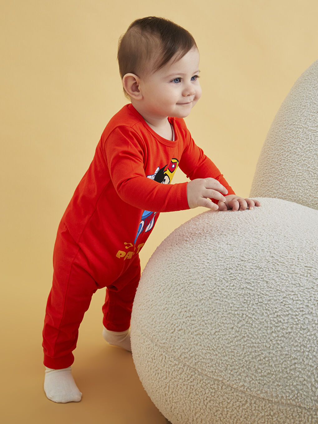 Turuncu Bisiklet Yaka Uzun Kollu Nostaljik Maymun Baskılı Pamuklu Erkek Bebek Tulum