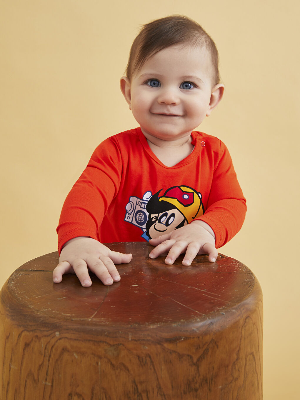 Turuncu Bisiklet Yaka Uzun Kollu Nostaljik Maymun Baskılı Pamuklu Erkek Bebek Tulum-2