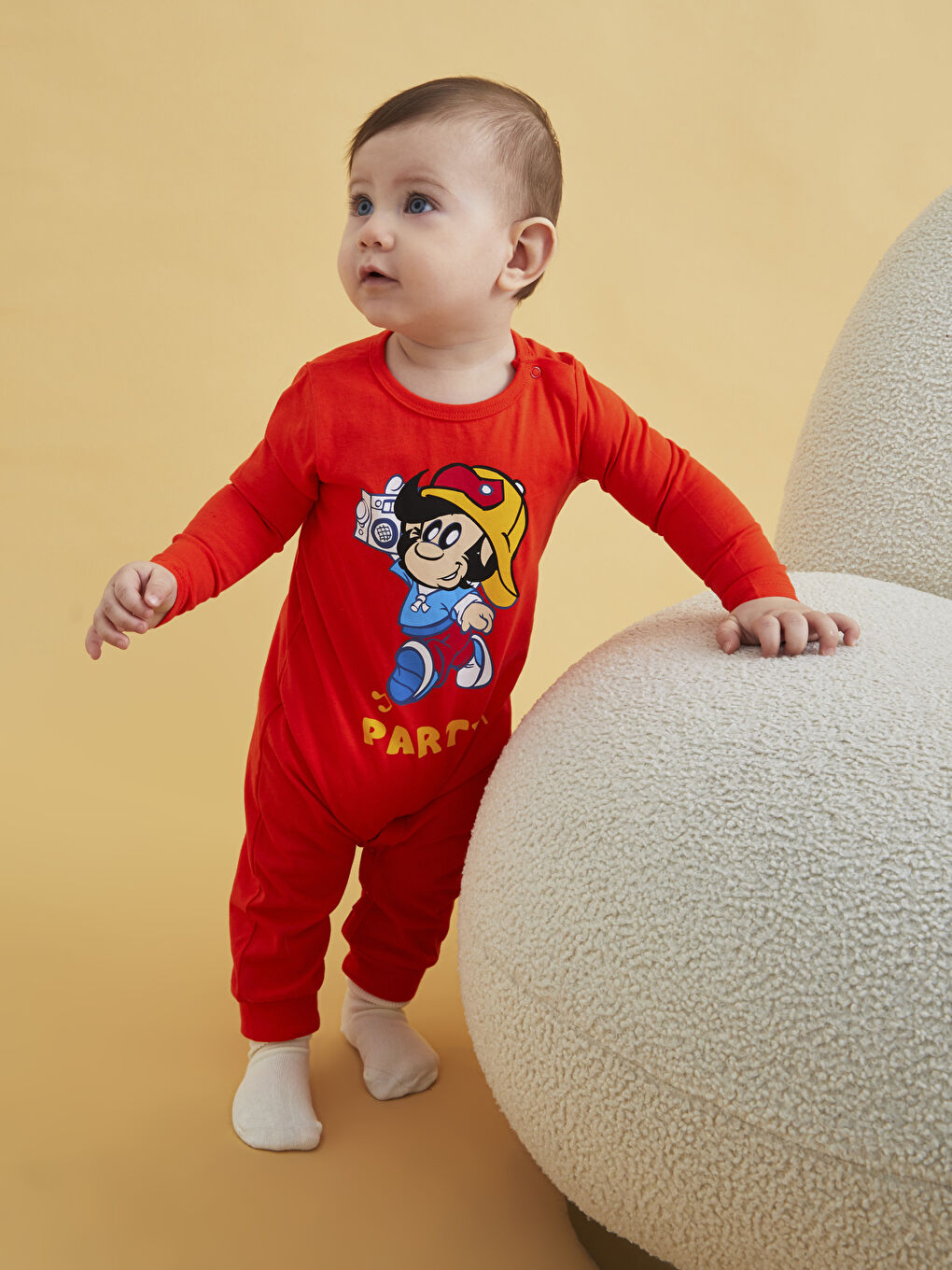 Turuncu Bisiklet Yaka Uzun Kollu Nostaljik Maymun Baskılı Pamuklu Erkek Bebek Tulum-5