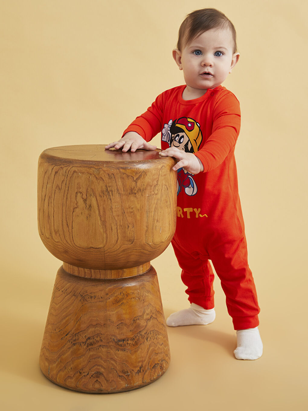 Turuncu Bisiklet Yaka Uzun Kollu Nostaljik Maymun Baskılı Pamuklu Erkek Bebek Tulum-6