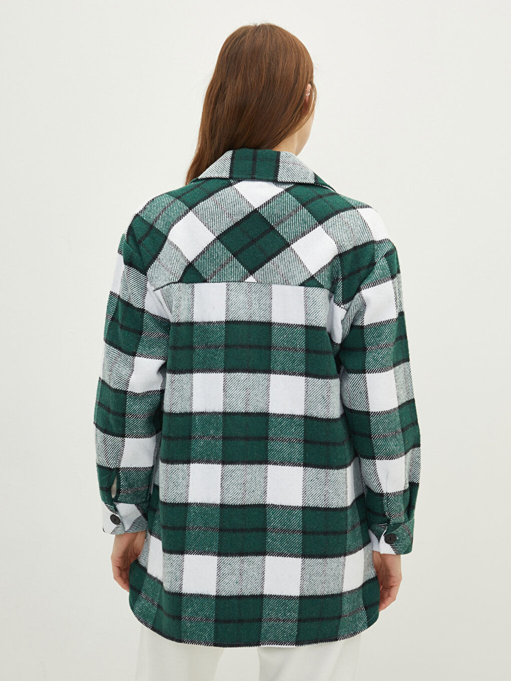 Yeşil Önden Düğme Kapamalı Ekose Uzun Kollu Kadın Gömlek Ceket-4