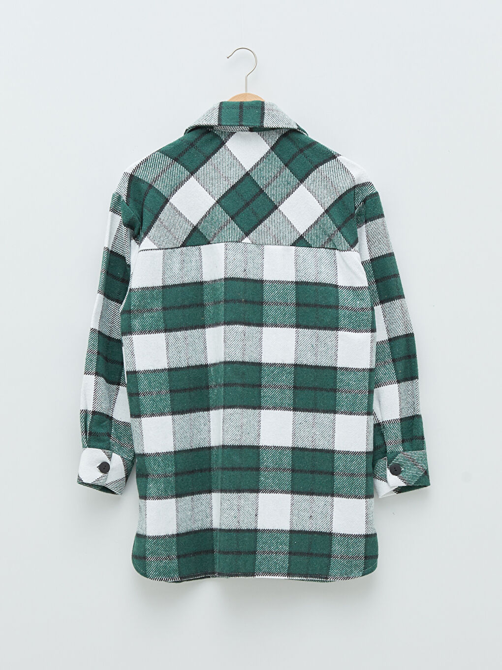 Yeşil Önden Düğme Kapamalı Ekose Uzun Kollu Kadın Gömlek Ceket-6