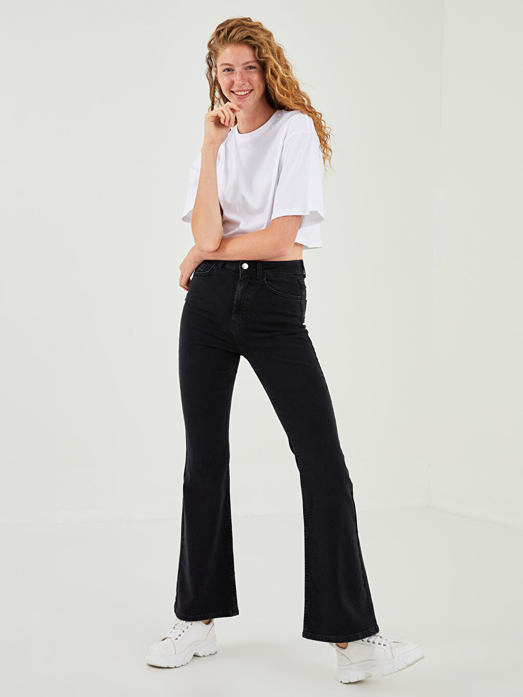 Jean Pantalon Taille Haute Jambe Espagnole Détail Poche pour Femmes