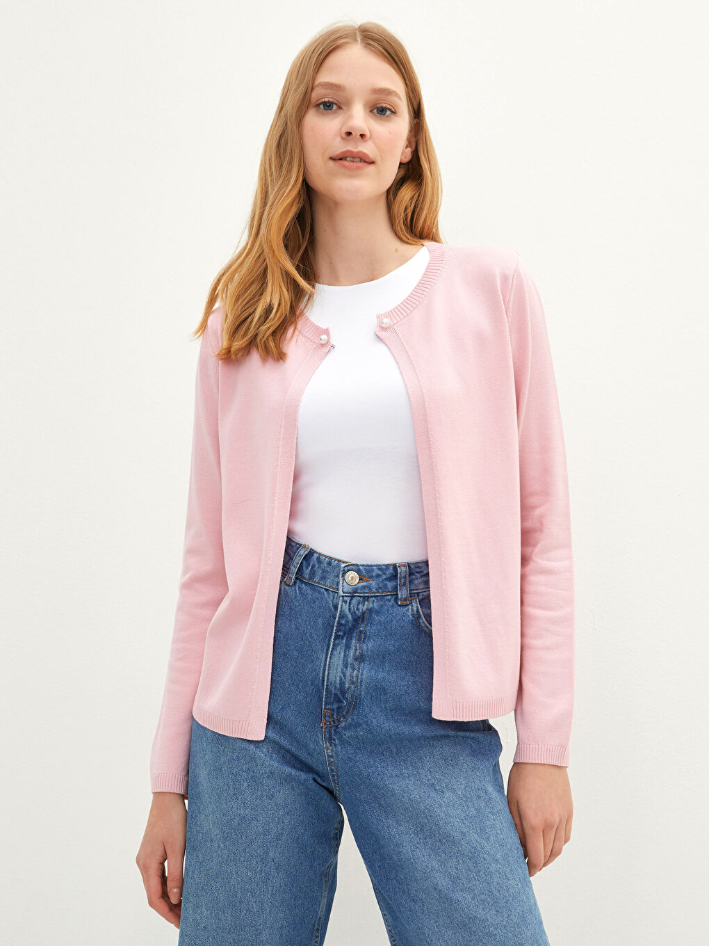 Pembe Bisiklet Yaka Düz Uzun Kollu Kadın Triko Hırka